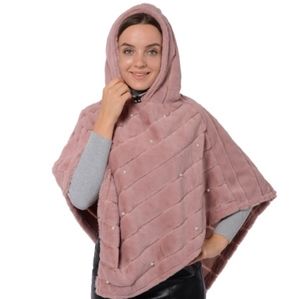 FauxFur Striped  Faux Pearl Embellished Hooded Poncho Sweater DustyRose